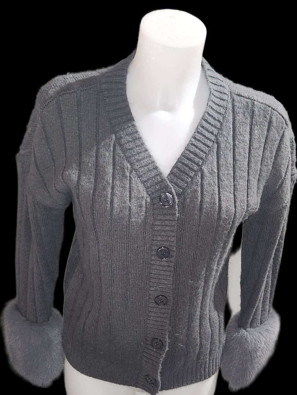 Saks Fifth Ave Charcoal Gray V-Neck Button Down Sweater Faux Fur Cuffs Size XS